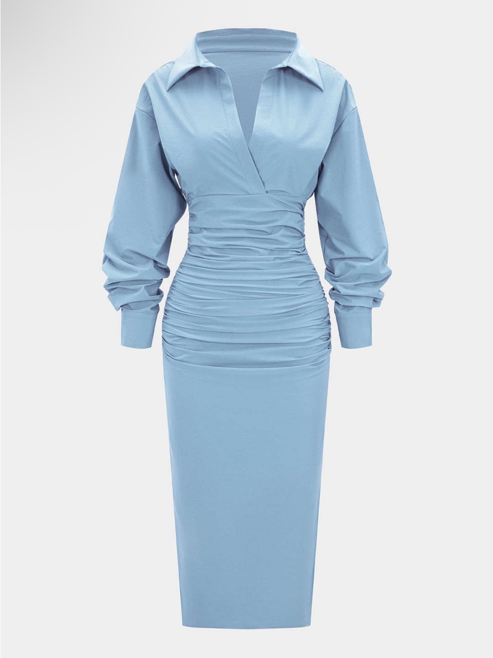 Ruched Light Blue Midi Dress with Collar